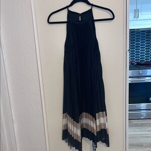 Ramy Brook Black Pleated Mini Dress with Neutral Chevron Hem
